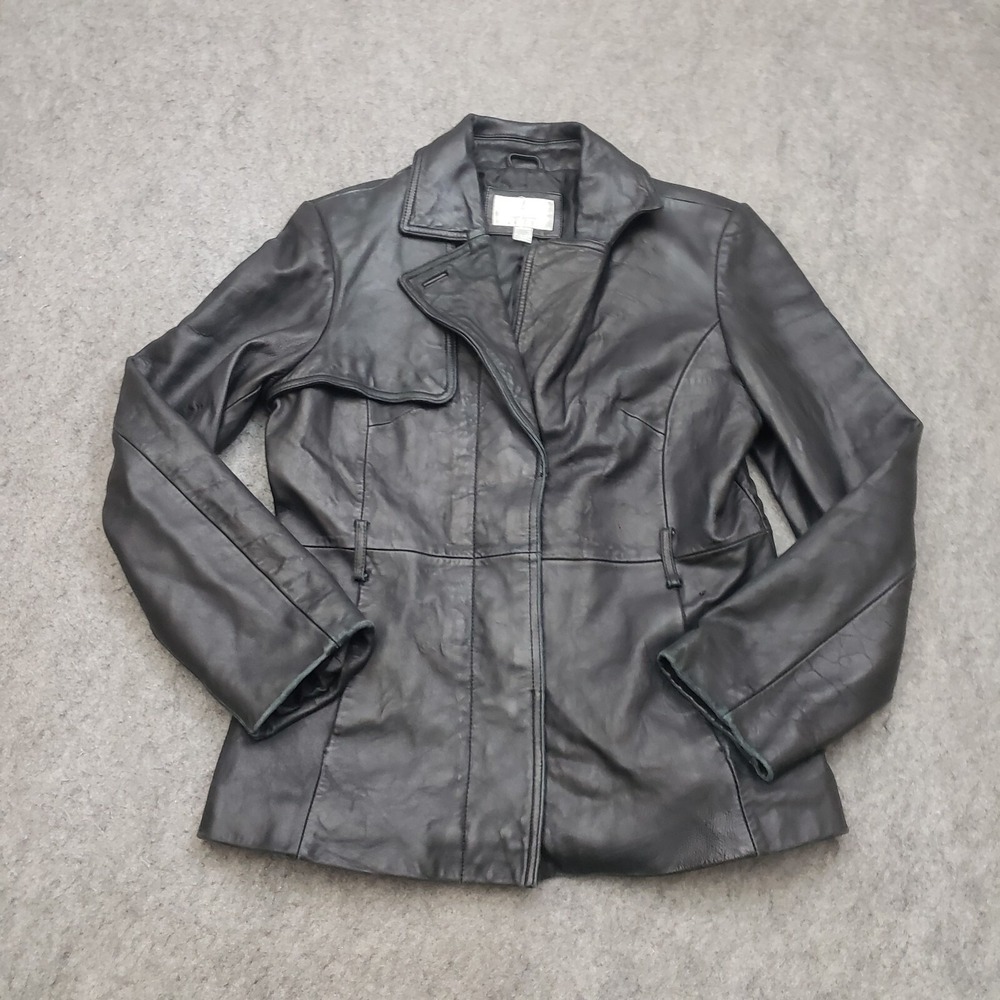 Worthington Jacket Womens Medium Black Leather Button Up Coat Casual Ladiesβ *